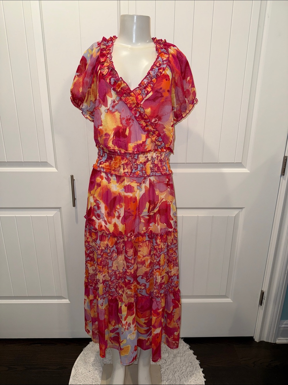 Floral Pink & Orange V-Neck Ruffle Midi Dress
